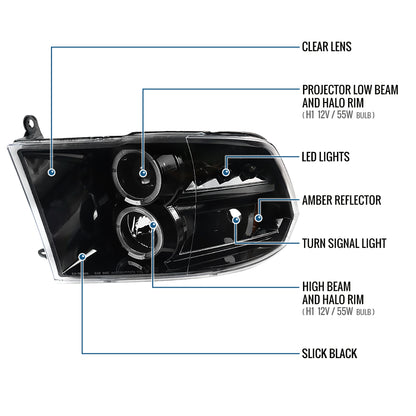 Ronnin - Fits 2009-2018 Ram 1500 2500 3500 2019-2024 Ram 1500 Classic LED Dual Halo Rims Running Lights Halogen Projector Headlights Assembly Pair | Glossy Black