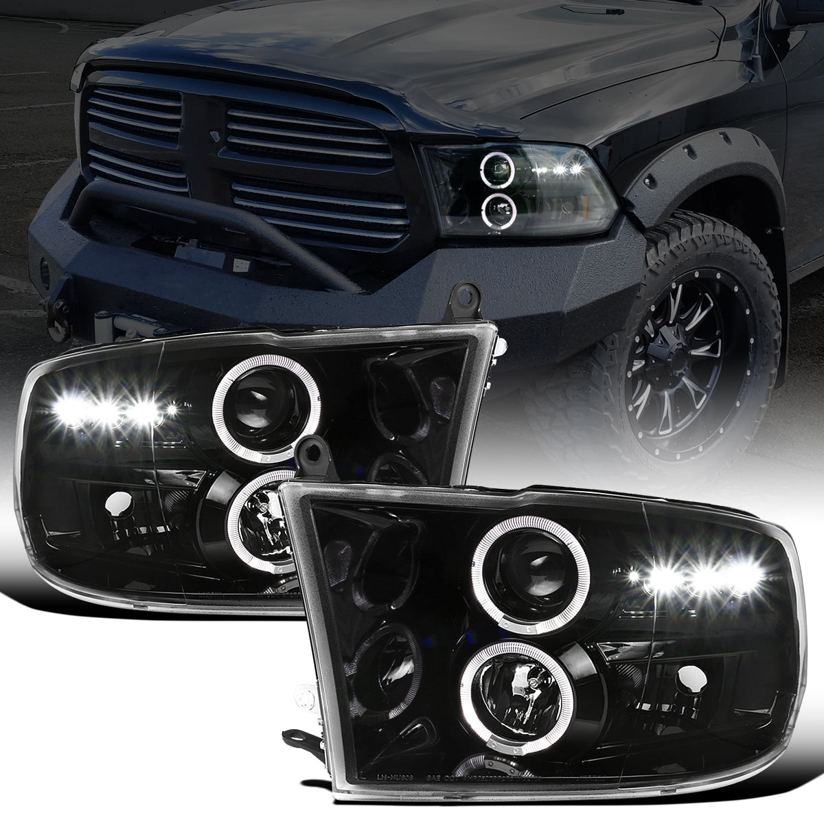 Ronnin - Fits 2009-2018 Ram 1500 2500 3500 2019-2024 Ram 1500 Classic LED Dual Halo Rims Running Lights Halogen Projector Headlights Assembly Pair | Glossy Black