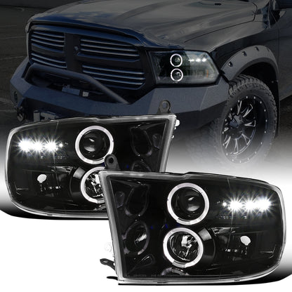 Ronnin - Fits 2009-2018 Ram 1500 2500 3500 2019-2024 Ram 1500 Classic LED Dual Halo Rims Running Lights Halogen Projector Headlights Assembly Pair | Glossy Black