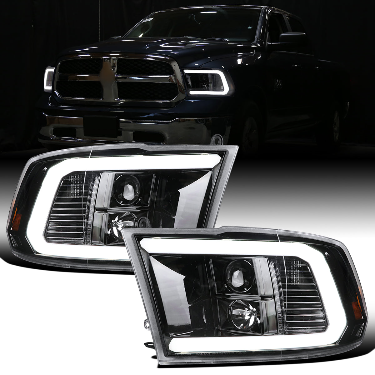 Ronnin - Fits 2009-2018 Ram 1500 2500 3500 2019-2024 Ram 1500 Classic LED Tube Running Lights Halogen Projector Headlights Replacement Assembly Pair | Glossy Black