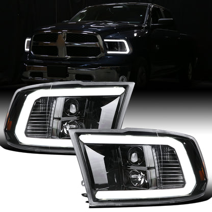 Ronnin - Fits 2009-2018 Ram 1500 2500 3500 2019-2024 Ram 1500 Classic LED Tube Running Lights Halogen Projector Headlights Replacement Assembly Pair | Glossy Black