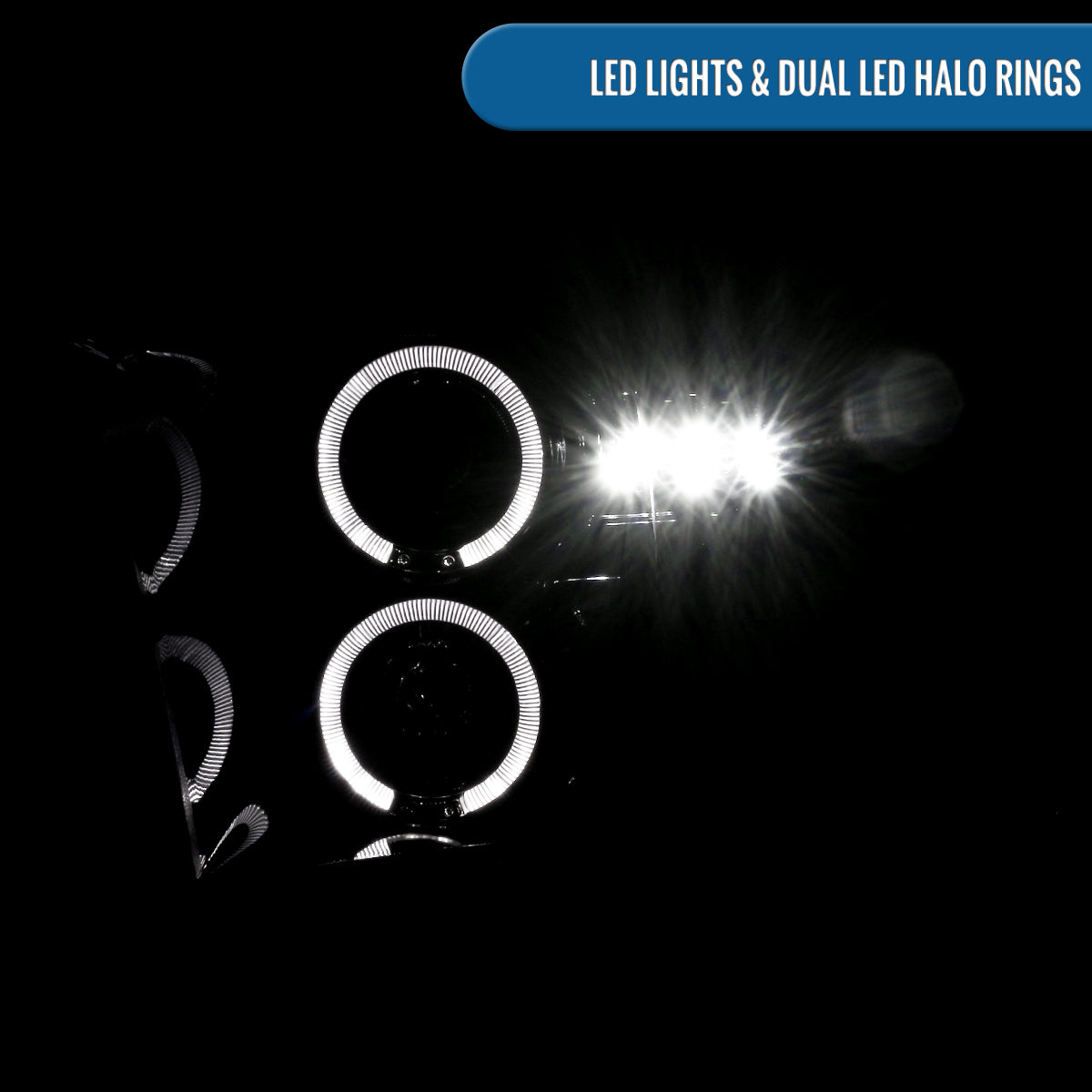 Ronnin - Fits 2009-2018 Ram 1500 2500 3500 2019-2024 Ram 1500 Classic LED Dual Halo Rims Running Lights Halogen Projector Headlights Assembly Pair | Black Smoke