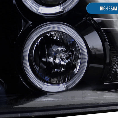 Ronnin - Fits 2009-2018 Ram 1500 2500 3500 2019-2024 Ram 1500 Classic LED Dual Halo Rims Running Lights Halogen Projector Headlights Assembly Pair | Black Smoke