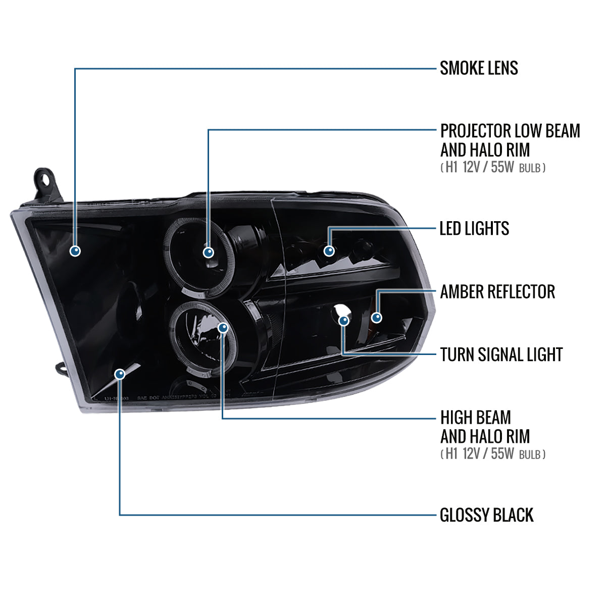 Ronnin - Fits 2009-2018 Ram 1500 2500 3500 2019-2024 Ram 1500 Classic LED Dual Halo Rims Running Lights Halogen Projector Headlights Assembly Pair | Black Smoke