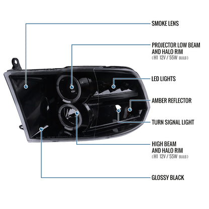 Ronnin - Fits 2009-2018 Ram 1500 2500 3500 2019-2024 Ram 1500 Classic LED Dual Halo Rims Running Lights Halogen Projector Headlights Assembly Pair | Black Smoke