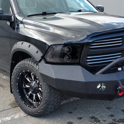 Ronnin - Fits 2009-2018 Ram 1500 2500 3500 2019-2024 Ram 1500 Classic LED Dual Halo Rims Running Lights Halogen Projector Headlights Assembly Pair | Black Smoke