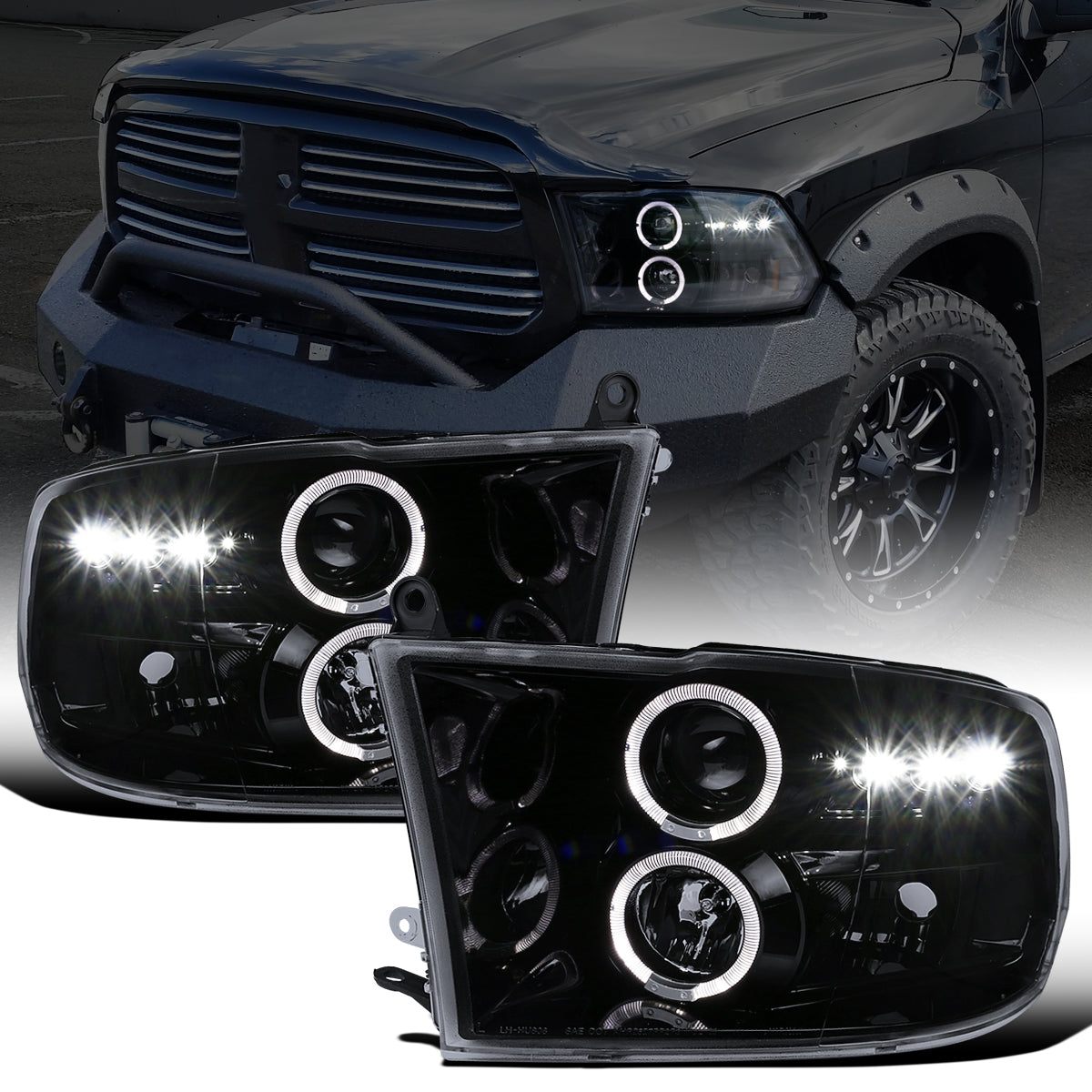 Ronnin - Fits 2009-2018 Ram 1500 2500 3500 2019-2024 Ram 1500 Classic LED Dual Halo Rims Running Lights Halogen Projector Headlights Assembly Pair | Black Smoke