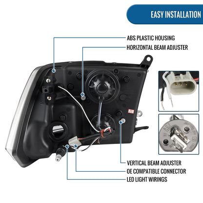 Ronnin - Fits 2009-2018 Ram 1500 2500 3500 2019-2024 Ram 1500 Classic LED Tube Running Lights Halogen Projector Headlights Replacement Assembly Pair | Chrome