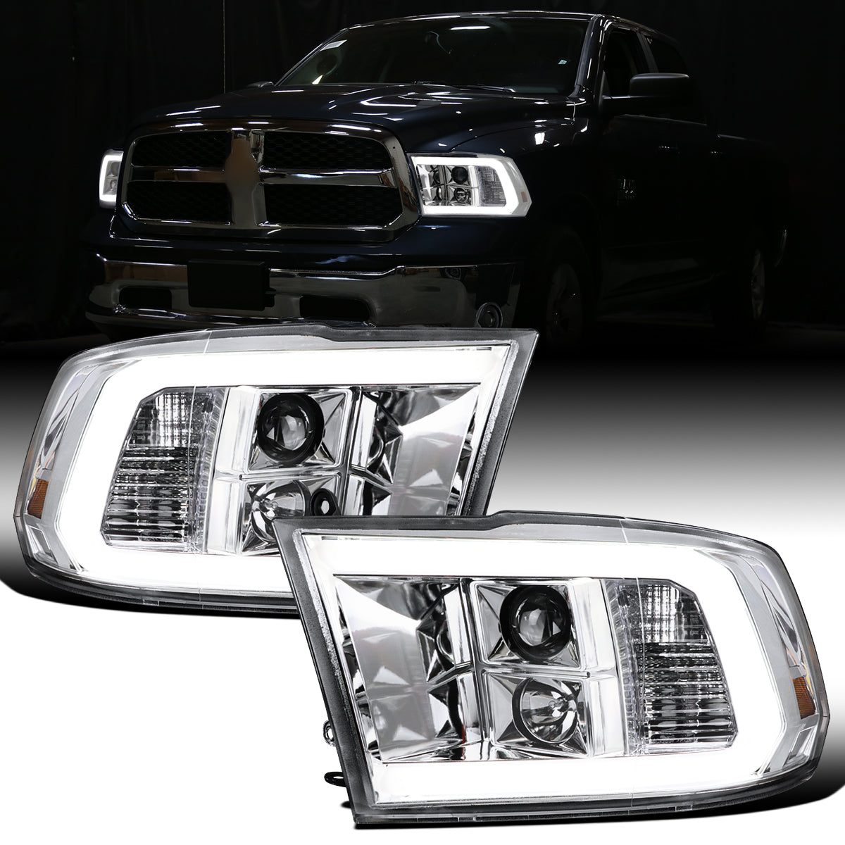Ronnin - Fits 2009-2018 Ram 1500 2500 3500 2019-2024 Ram 1500 Classic LED Tube Running Lights Halogen Projector Headlights Replacement Assembly Pair | Chrome