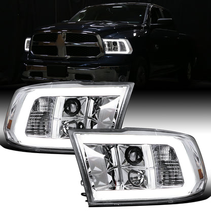Ronnin - Fits 2009-2018 Ram 1500 2500 3500 2019-2024 Ram 1500 Classic LED Tube Running Lights Halogen Projector Headlights Replacement Assembly Pair | Chrome