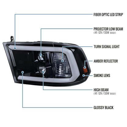 Ronnin - Fits 2009-2018 Ram 1500 2500 3500 2019-2024 Ram 1500 Classic LED Tube Running Lights Halogen Projector Headlights Replacement Assembly Pair | Black Smoke