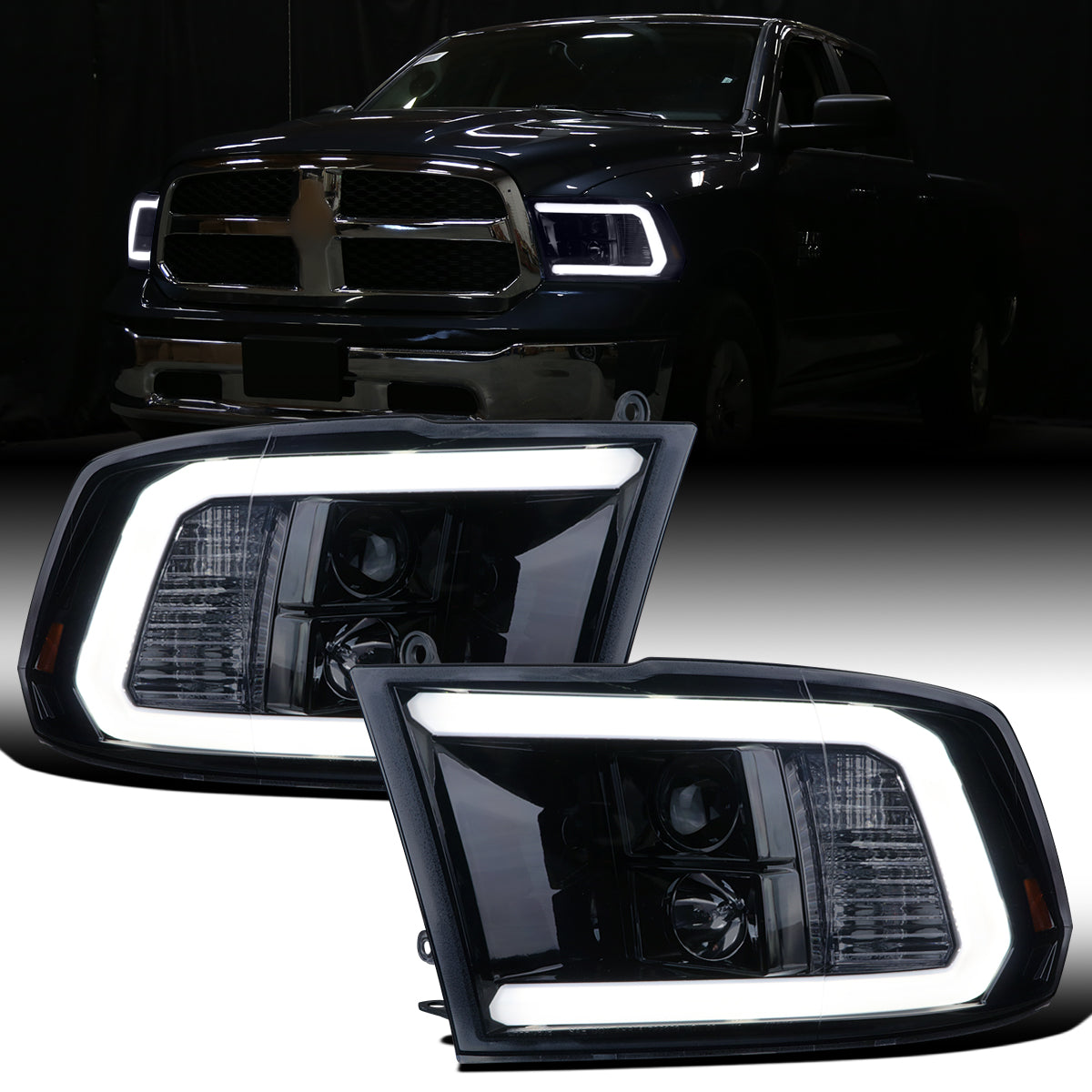 Ronnin - Fits 2009-2018 Ram 1500 2500 3500 2019-2024 Ram 1500 Classic LED Tube Running Lights Halogen Projector Headlights Replacement Assembly Pair | Black Smoke