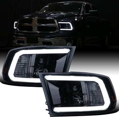 Ronnin - Fits 2009-2018 Ram 1500 2500 3500 2019-2024 Ram 1500 Classic LED Tube Running Lights Halogen Projector Headlights Replacement Assembly Pair | Black Smoke