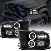 Ronnin - Fits 2009-2018 Ram 1500 2500 3500 2019-2024 Ram 1500 Classic LED Dual Halo Rims Running Lights Halogen Projector Headlights Assembly Pair | Black