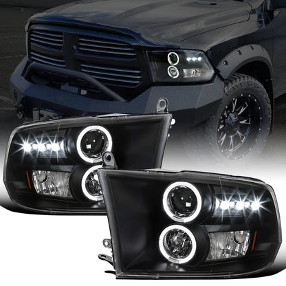 Ronnin - Fits 2009-2018 Ram 1500 2500 3500 2019-2024 Ram 1500 Classic LED Dual Halo Rims Running Lights Halogen Projector Headlights Assembly Pair | Black
