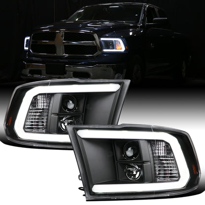 Ronnin - Fits 2009-2018 Ram 1500 2500 3500 2019-2024 Ram 1500 Classic LED Tube Running Lights Halogen Projector Headlights Replacement Assembly Pair | Black