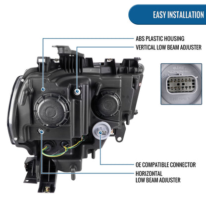 Ronnin - Fits 2019-2024 Dodge Ram 2500 3500 4500 5500 Upgrade LED Tube Projector Headlights Assembly Pair | Chrome