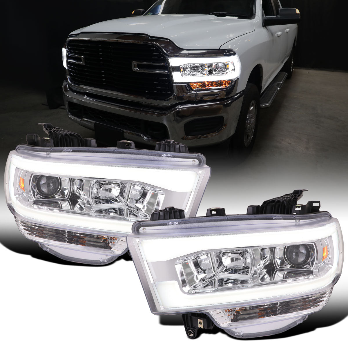 Ronnin - Fits 2019-2024 Dodge Ram 2500 3500 4500 5500 Upgrade LED Tube Projector Headlights Assembly Pair | Chrome
