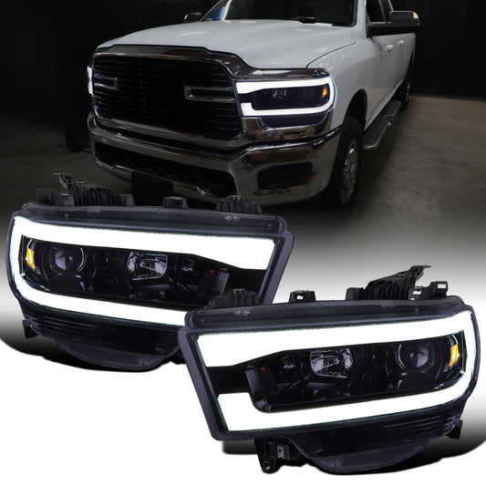 Ronnin - Fits 2019-2024 Dodge Ram 2500 3500 4500 5500 Upgrade LED Tube Projector Headlights Assembly Pair | Black Smoke