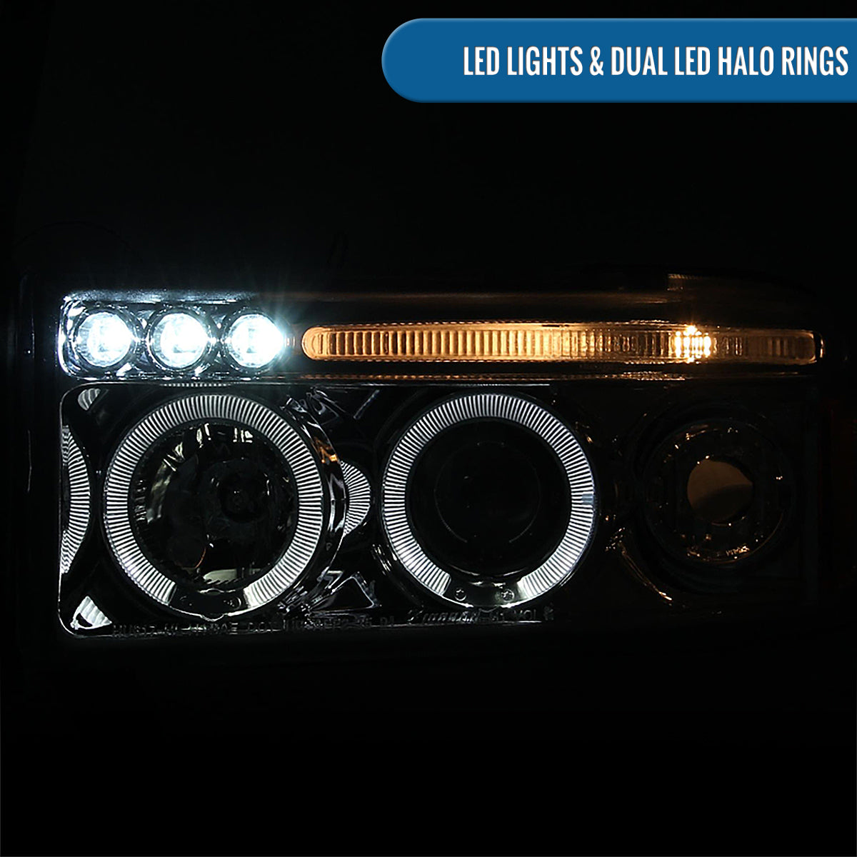 Ronnin - Fits 1994-2001 Dodge Ram 1500 2500 3500 Upgraded LED Dual Rims Projector Headlights Assembly Pair | Chrome
