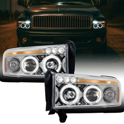 Ronnin - Fits 1994-2001 Dodge Ram 1500 2500 3500 Upgraded LED Dual Rims Projector Headlights Assembly Pair | Chrome