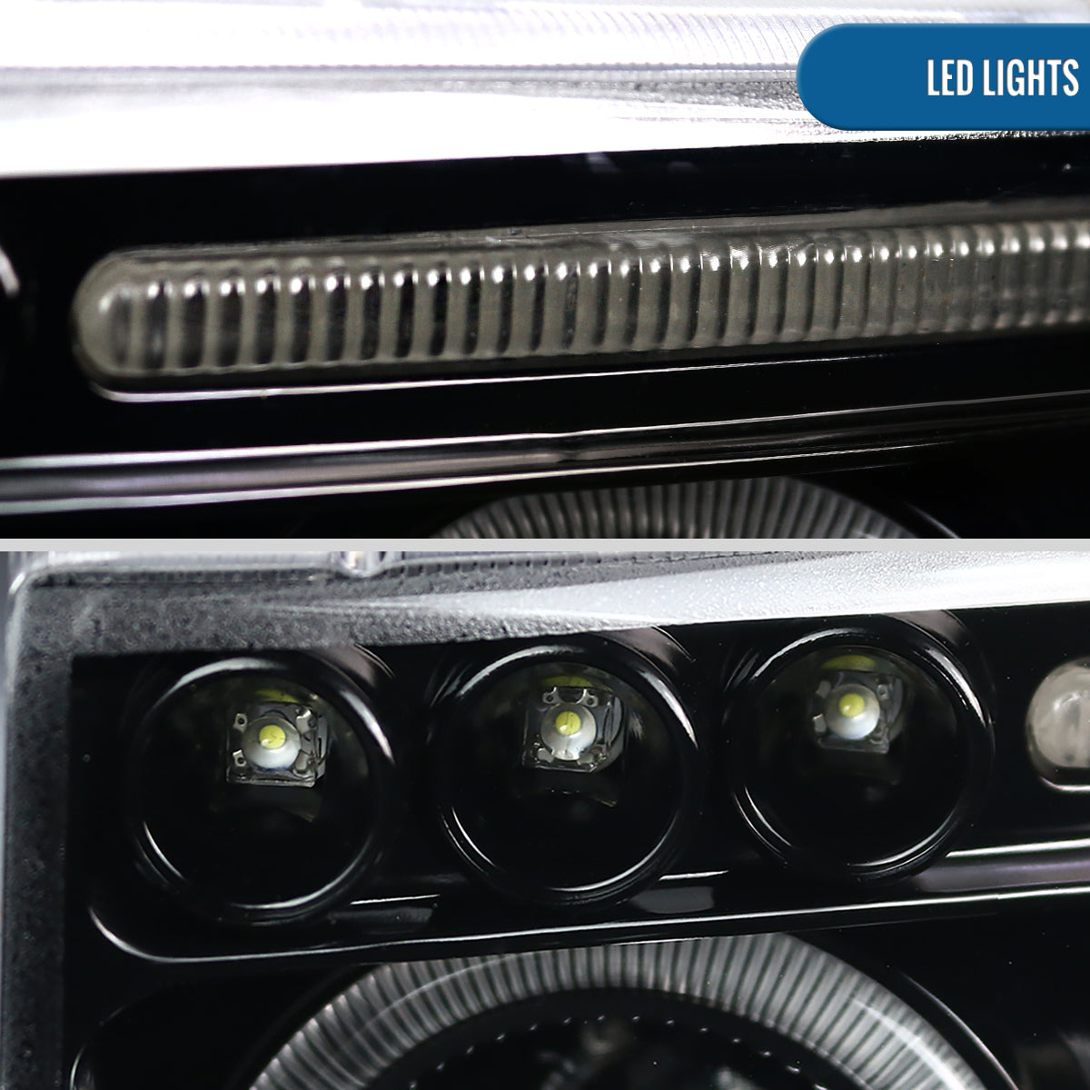 Ronnin - Fits 1994-2001 Dodge Ram 1500 2500 3500 Upgraded LED Dual Rims Projector Headlights Assembly Pair | Gloss Black