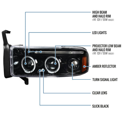 Ronnin - Fits 1994-2001 Dodge Ram 1500 2500 3500 Upgraded LED Dual Rims Projector Headlights Assembly Pair | Gloss Black