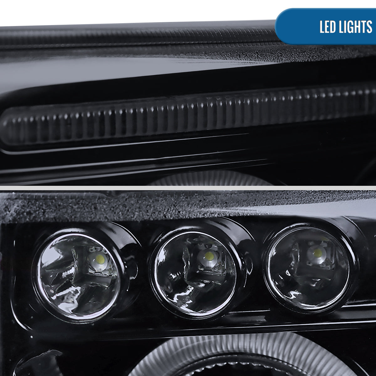 Ronnin - Fits 1994-2001 Dodge Ram 1500 2500 3500 Upgraded LED Dual Rims Projector Headlights Assembly Pair | Black Smoke