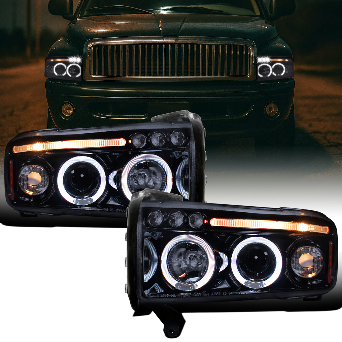Ronnin - Fits 1994-2001 Dodge Ram 1500 2500 3500 Upgraded LED Dual Rims Projector Headlights Assembly Pair | Black Smoke