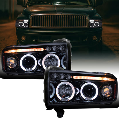 Ronnin - Fits 1994-2001 Dodge Ram 1500 2500 3500 Upgraded LED Dual Rims Projector Headlights Assembly Pair | Black Smoke