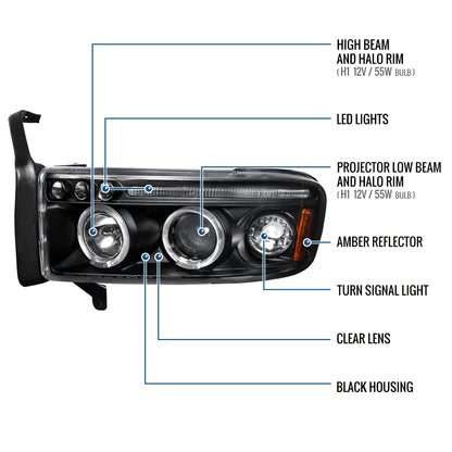 Ronnin - Fits 1994-2001 Dodge Ram 1500 2500 3500 Upgraded LED Dual Rims Projector Headlights Assembly Pair | Black
