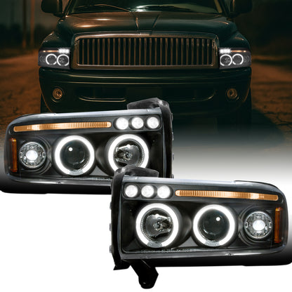 Ronnin - Fits 1994-2001 Dodge Ram 1500 2500 3500 Upgraded LED Dual Rims Projector Headlights Assembly Pair | Black