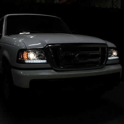 Ronnin - Conjunto de faros delanteros con proyector para Ford Ranger 2001-2011, par de repuesto de tubo LED brillante | Negro brillante