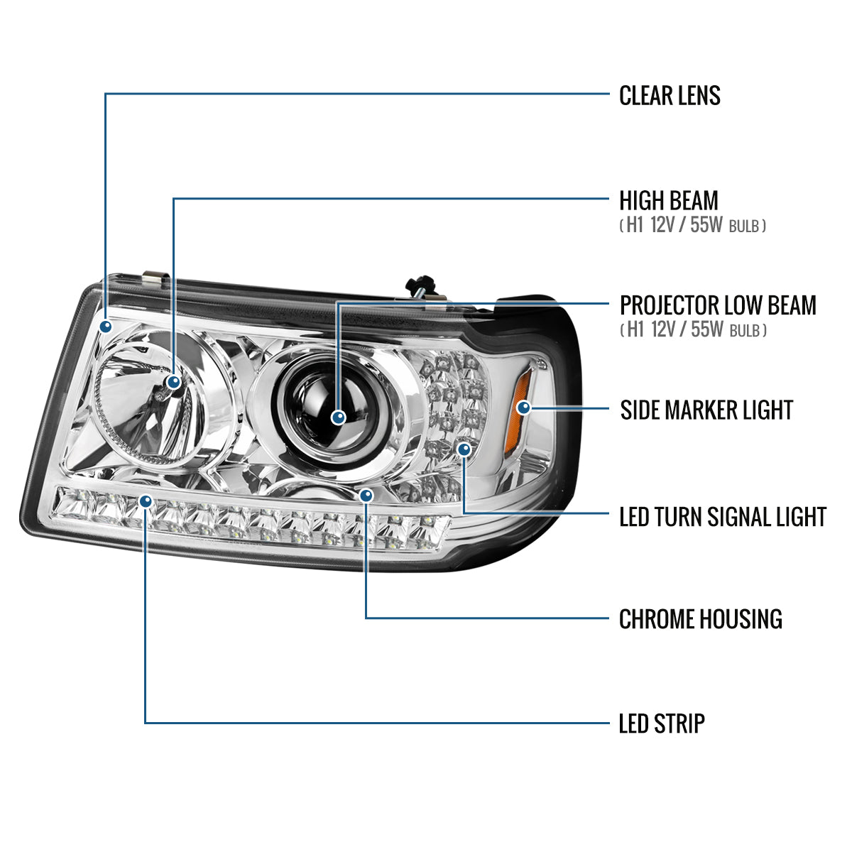 Ronnin - Fits 2001-2011 Ford Ranger Projector Headlights Assembly Bright LED Tube Replacement Pair | Chrome