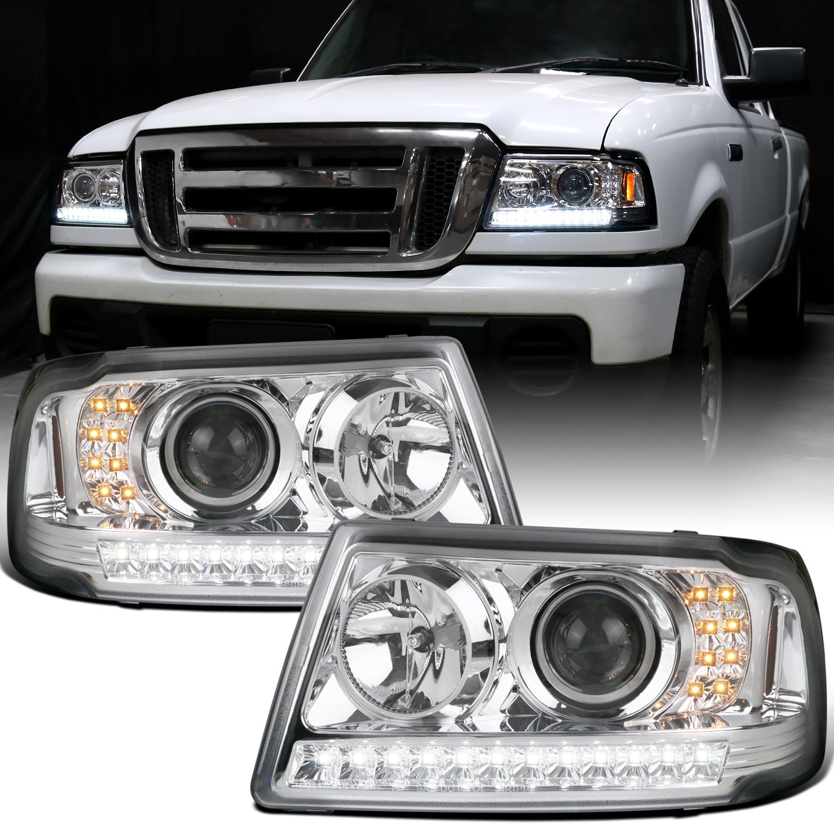 Ronnin - Fits 2001-2011 Ford Ranger Projector Headlights Assembly Bright LED Tube Replacement Pair | Chrome