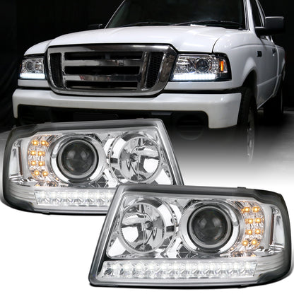 Ronnin - Fits 2001-2011 Ford Ranger Projector Headlights Assembly Bright LED Tube Replacement Pair | Chrome