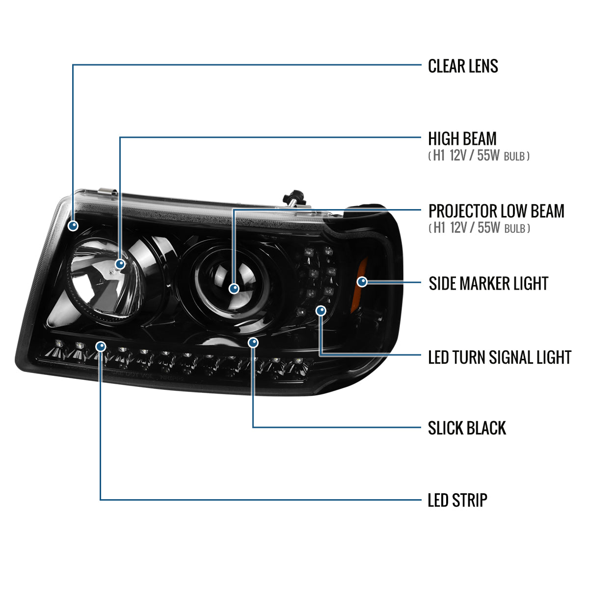 Ronnin - Fits 2001-2011 Ford Ranger Projector Headlights Assembly Bright LED Tube Replacement Pair | Glossy Black