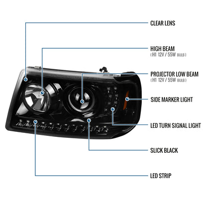 Ronnin - Fits 2001-2011 Ford Ranger Projector Headlights Assembly Bright LED Tube Replacement Pair | Glossy Black