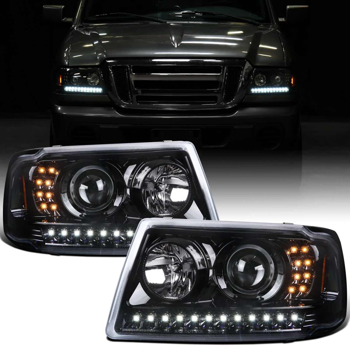 Ronnin - Fits 2001-2011 Ford Ranger Projector Headlights Assembly Bright LED Tube Replacement Pair | Glossy Black