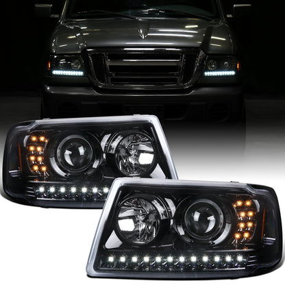 Ronnin - Fits 2001-2011 Ford Ranger Projector Headlights Assembly Bright LED Tube Replacement Pair | Glossy Black
