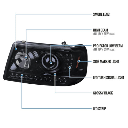 Ronnin - Fits 2001-2011 Ford Ranger Projector Headlights Assembly Bright LED Tube Replacement Pair | Black Smoke
