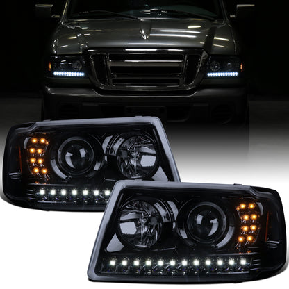 Ronnin - Fits 2001-2011 Ford Ranger Projector Headlights Assembly Bright LED Tube Replacement Pair | Black Smoke