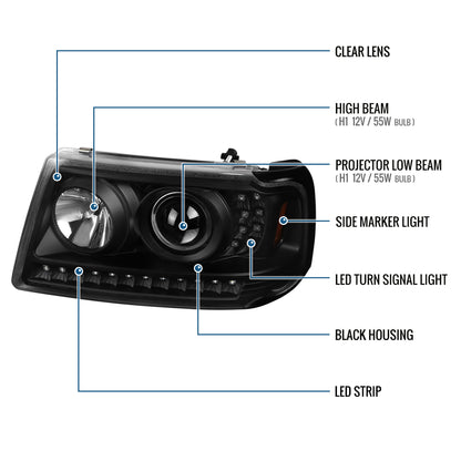 Ronnin - Fits 2001-2011 Ford Ranger Projector Headlights Assembly Bright LED Tube Replacement Pair | Black