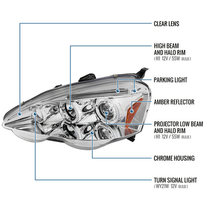 Ronnin - Fits 2002-2004 Acura RSX Upgraded LED Dual Rims Projector Headlights Assembly Pair | Chrome