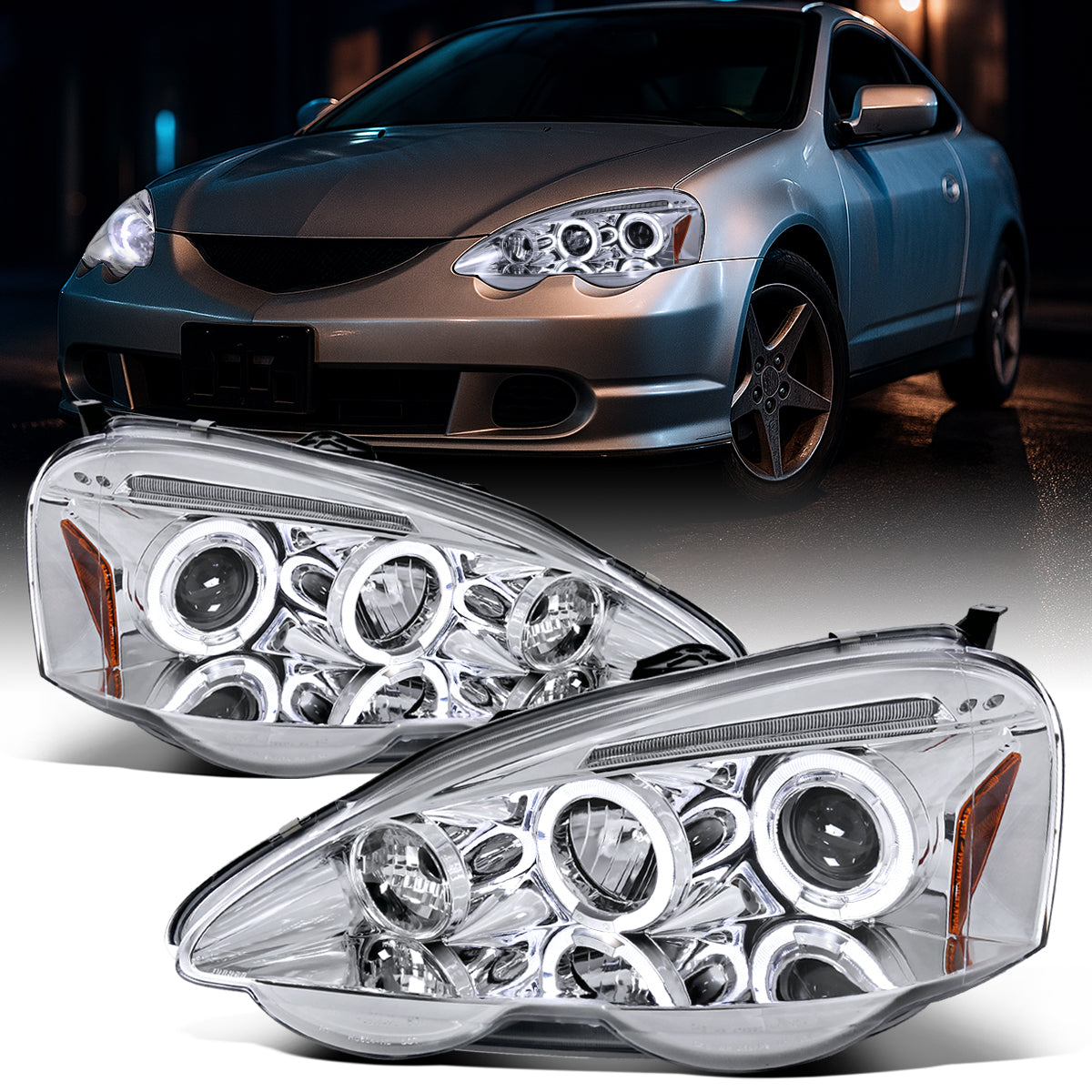 Ronnin - Fits 2002-2004 Acura RSX Upgraded LED Dual Rims Projector Headlights Assembly Pair | Chrome