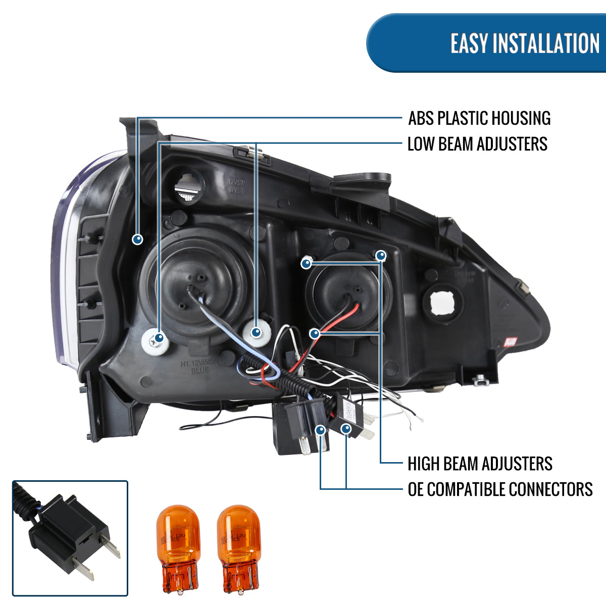 Ronnin - Fits 2002-2004 Acura RSX Upgraded LED Dual Rims Projector Headlights Assembly Pair | Black