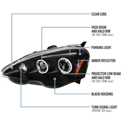 Ronnin - Fits 2002-2004 Acura RSX Upgraded LED Dual Rims Projector Headlights Assembly Pair | Black