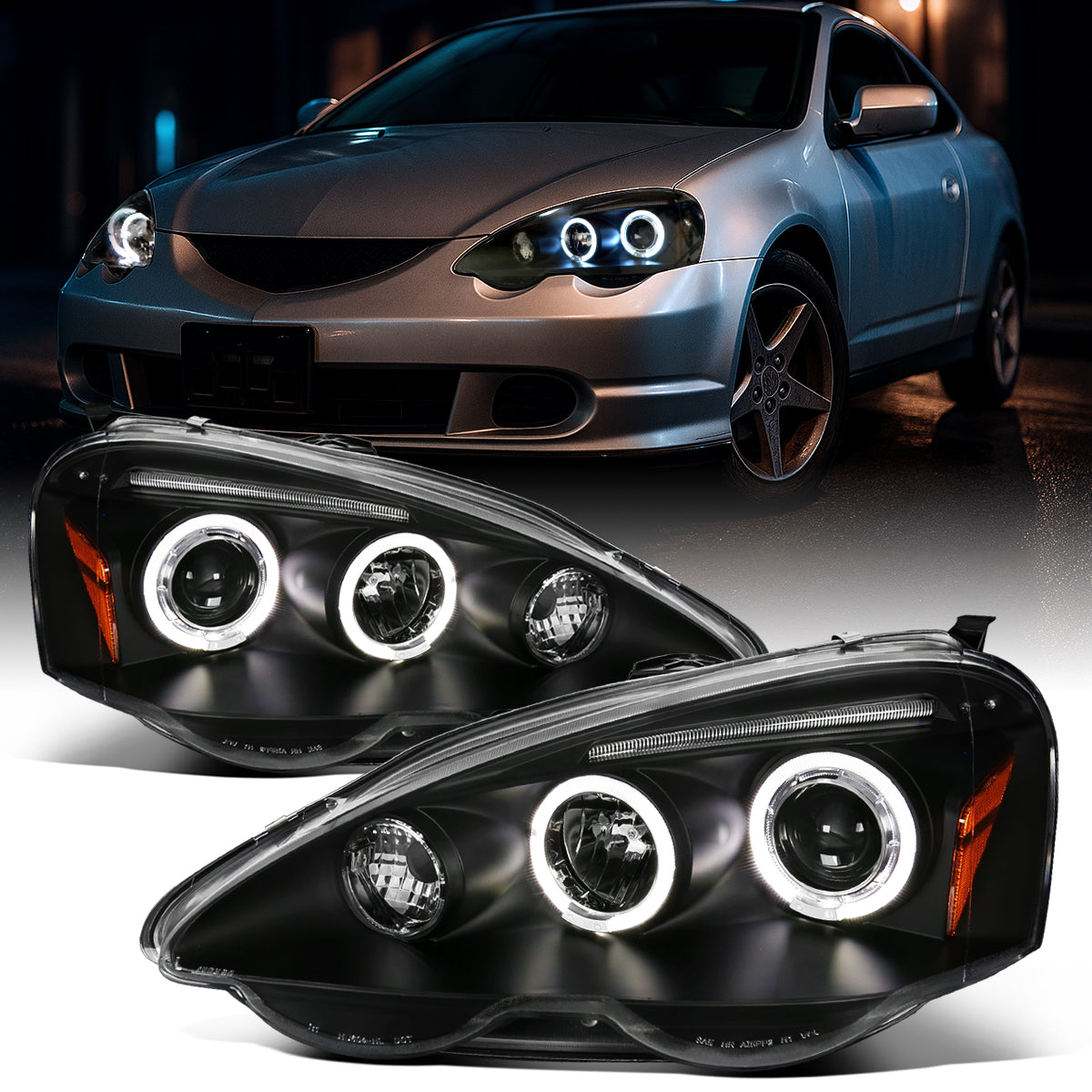Ronnin - Fits 2002-2004 Acura RSX Upgraded LED Dual Rims Projector Headlights Assembly Pair | Black
