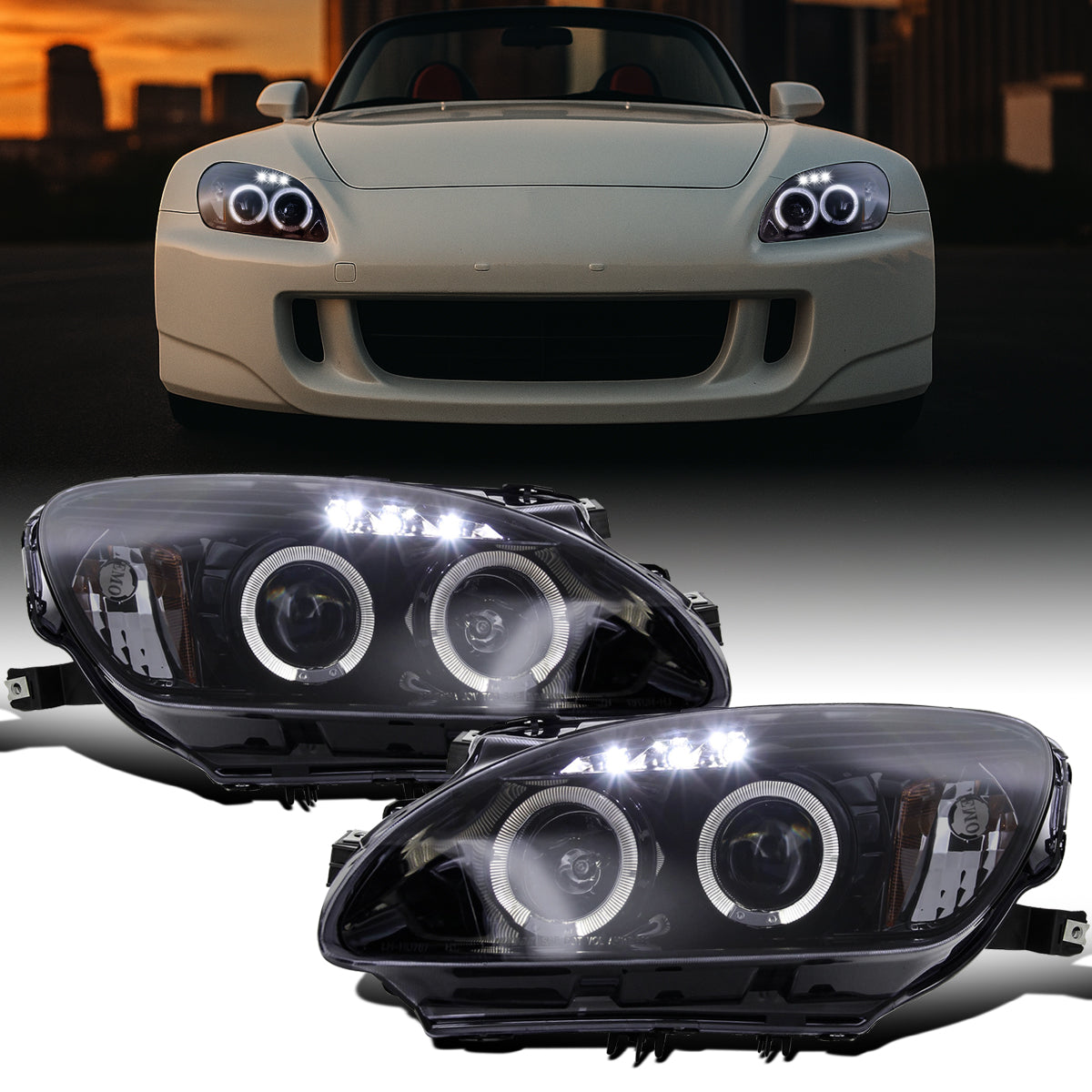Ronnin - Fits 2004-2009 Honda S2000 S2K AP2 Upgraded Replacement LED Dual Rims Projector Headlights Assembly Pair | Black Smoke