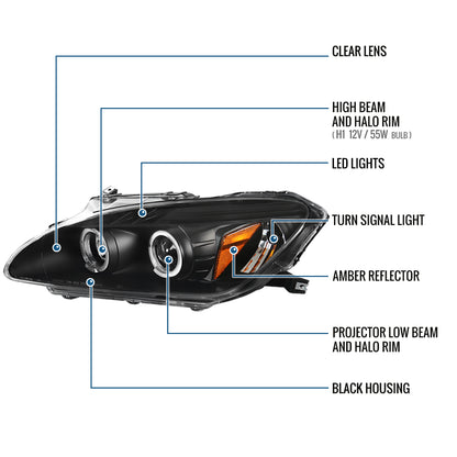 Ronnin - Fits 2004-2009 Honda S2000 S2K AP2 Upgraded Replacement LED Dual Rims Projector Headlights Assembly Pair | Black